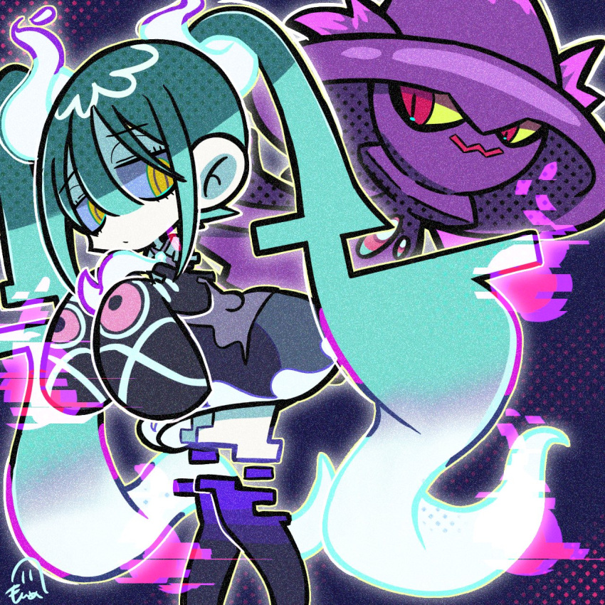 1girl :/ black_skirt black_sleeves black_thighhighs blue_hair chibi colored_sclera commentary_request detached_arm detached_legs detached_sleeves expressionless feet_out_of_frame film_grain ghost_miku_(project_voltage) glitch glowing glowing_hair glowing_neckwear grey_sclera grey_shirt halftone hands_up hatsune_miku highres hitodama jitome long_hair looking_at_viewer mismagius monme_(monme_v) multicolored_hair necktie pigeon-toed pokemon pokemon_(creature) project_voltage raised_eyebrows shaded_face shirt signature skirt sleeveless sleeveless_shirt solo tareme thigh-highs very_long_hair vocaloid white_hair white_skirt will-o'-the-wisp_(mythology) yellow_eyes