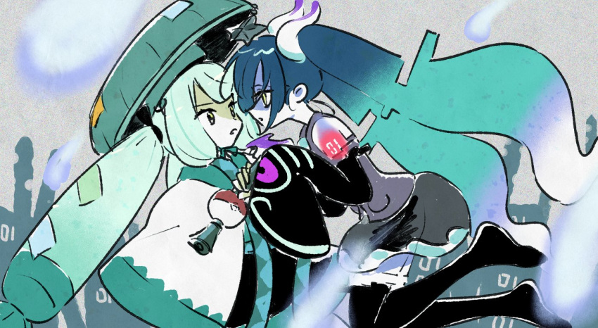 2girls bare_shoulders black_sleeves black_thighhighs blue_eyes blue_hair detached_sleeves ghost_miku_(project_voltage) grey_shirt hat hatsune_miku long_hair looking_at_another mokeo multiple_girls poke_flute pokemon project_voltage sandogasa shirt skirt steel_miku_(project_voltage) thigh-highs twintails vocaloid