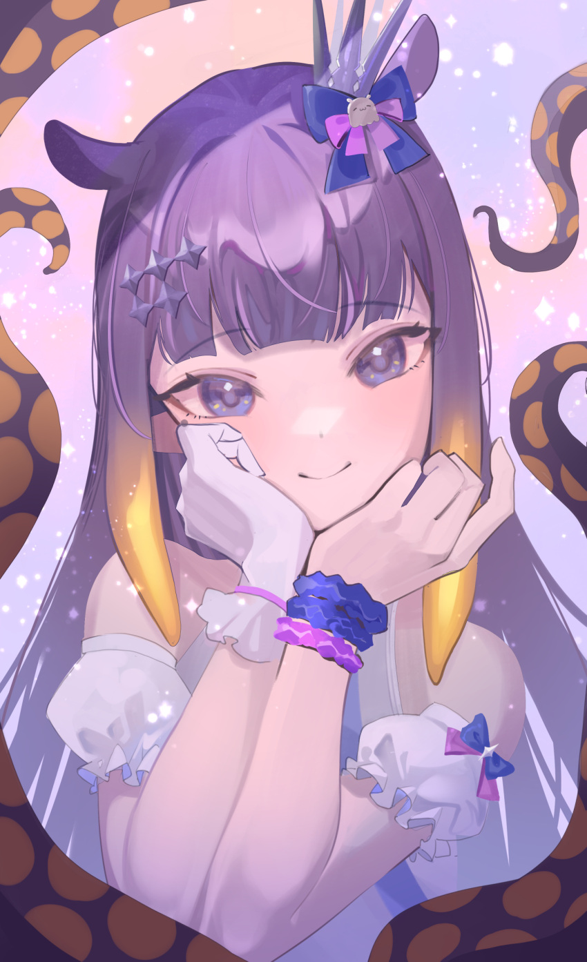 1girl bow closed_mouth gloves gradient_hair highres hololive hololive_english long_hair looking_at_viewer meiyan_(boyimachao) multicolored_hair ninomae_ina'nis orange_hair purple_bow purple_hair scrunchie single_glove smile solo tentacle_hair tentacles violet_eyes virtual_youtuber white_gloves wrist_scrunchie