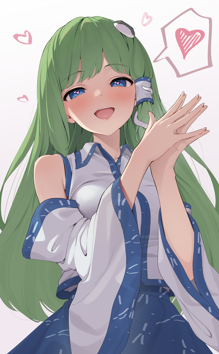 1girl blue_eyes blue_sky blush commentary_request detached_sleeves frog_hair_ornament from_below green_hair hair_ornament heart heart-shaped_pupils highres kanpa_(campagne_9) kochiya_sanae lips long_hair looking_at_viewer nontraditional_miko own_hands_together parted_lips shirt sky snake_hair_ornament solo speech_bubble spoken_heart symbol-shaped_pupils teeth tongue touhou upper_teeth_only very_long_hair white_background white_shirt white_sleeves