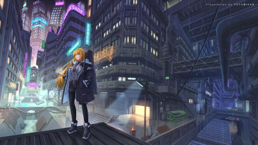 1girl aqua_eyes artist_name black_jacket black_necktie black_pantyhose black_shorts building city commission dumpster english_text grey_shirt highres holding holding_phone instrument_case jacket long_hair looking_at_viewer nagi_itsuki necktie neon_lights night open_clothes open_jacket orange_hair original pantyhose phone rain shipping_container shirt shirt_tucked_in shoes shorts skeb_commission solo standing urban water wide_shot