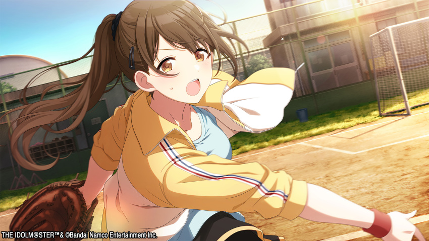 1girl artist_request baseball_mitt blush breasts brown_eyes brown_hair collarbone commentary_request grass hair_ornament hairclip highres idolmaster idolmaster_shiny_colors jacket kuwayama_chiyuki large_breasts long_hair looking_at_viewer official_alternate_hairstyle official_art open_mouth outdoors playing_sports ponytail shirt solo sunset sweat swept_bangs tareme teeth throwing track_jacket upper_teeth_only wristband