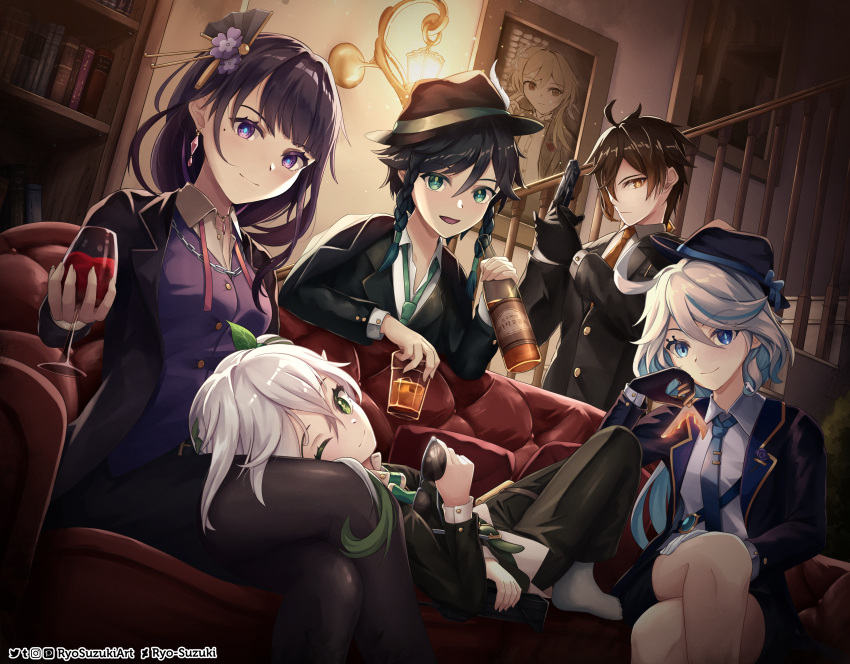2boys 3girls absurdres alcohol black_hair black_headwear blue_eyes bottle brown_hair couch cup drinking_glass earrings furina_(genshin_impact) genshin_impact green_eyes hair_ornament highres holding holding_bottle indoors jewelry long_hair looking_at_viewer mixed-language_commentary mole mole_under_eye multiple_boys multiple_girls nahida_(genshin_impact) on_couch open_mouth purple_hair raiden_shogun ryo-suzuki sitting smile venti_(genshin_impact) violet_eyes white_hair wine wine_glass yellow_eyes zhongli_(genshin_impact)