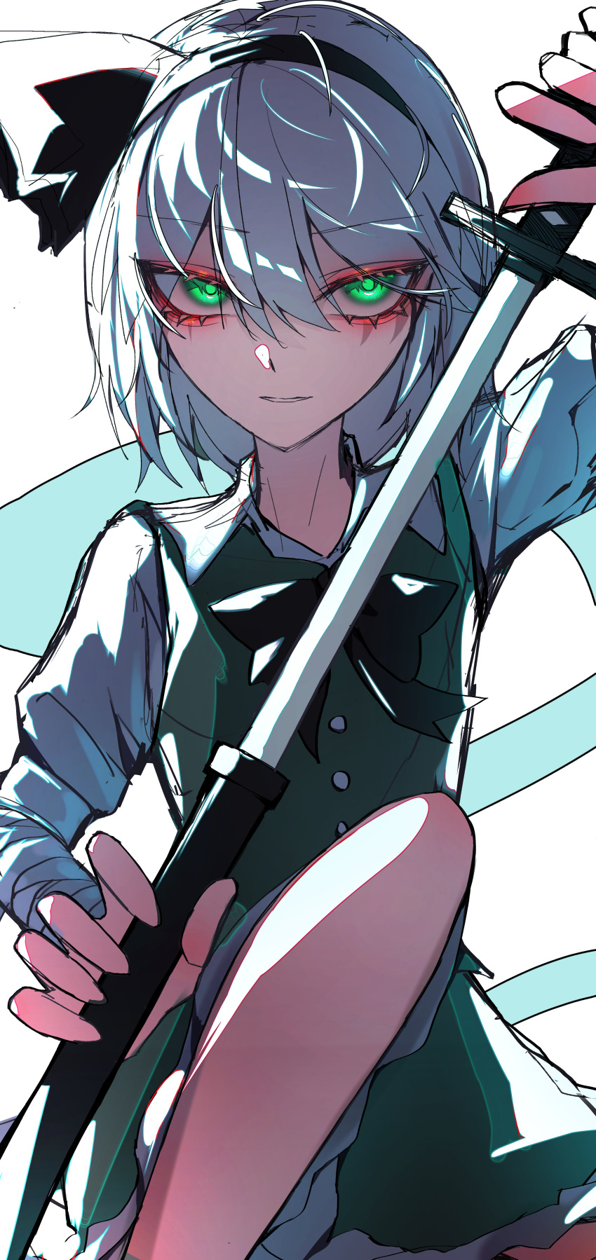 1girl 33_gaff absurdres black_bow black_bowtie black_hairband bow bowtie commentary ghost green_eyes grey_hair hairband highres holding holding_sword holding_weapon katana konpaku_youmu konpaku_youmu_(ghost) long_sleeves looking_at_viewer parted_lips short_hair simple_background solo sword touhou weapon white_background