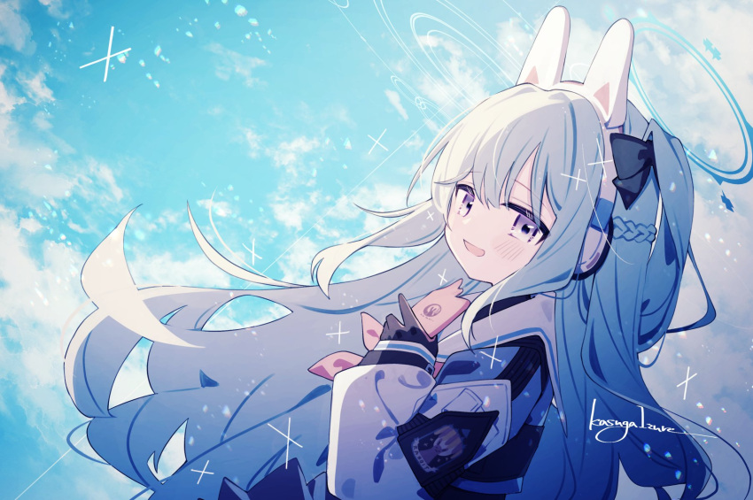 1girl animal_ears black_gloves blue_archive blue_halo blush braid cellphone crown_braid fake_animal_ears gloves grey_hair halo highres holding holding_phone kasuga_haruhi long_hair long_sleeves looking_at_viewer miyako_(blue_archive) open_mouth phone rabbit_ears signature smartphone smile solo upper_body violet_eyes