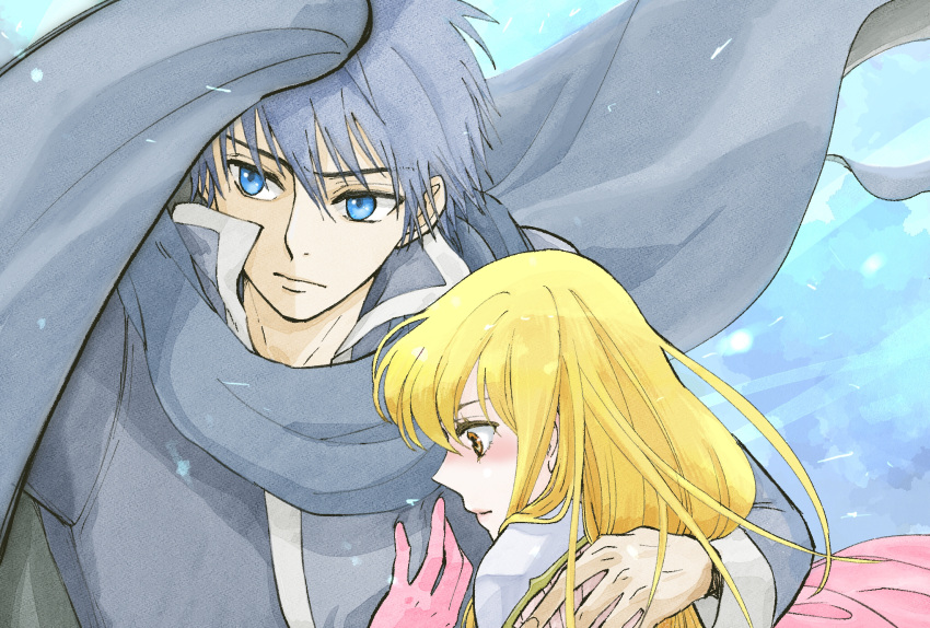 1boy 1girl arm_around_shoulder blonde_hair blue_coat blue_eyes blue_hair cape cape_lift coat commentary_request finn_(fire_emblem) fire_emblem fire_emblem:_genealogy_of_the_holy_war gloves grey_cape highres lachesis_(fire_emblem) partial_commentary pink_gloves protecting suzu007