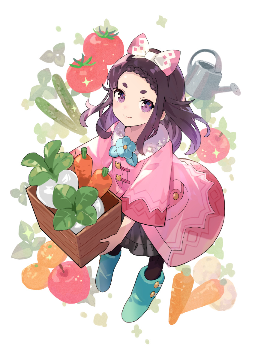 1girl :3 absurdres apple black_hair blue_flower blue_footwear blush boots box braid carrot closed_mouth coat commentary_request countdown_illustration cucumber farmer_(frederica) flower food frederica_(game) from_above fruit full_body fur_collar highres holding holding_box leaf long_hair long_sleeves looking_at_viewer official_art orange_(fruit) pink_coat potato second-party_source smile solo standing tobi_(kotetsu) tomato turnip violet_eyes watering_can wide_sleeves wooden_box