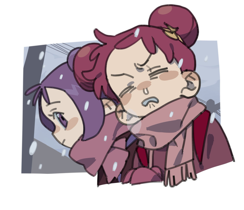 2girls closed_eyes closed_mouth coat cold commentary_request cropped_torso dayama double_bun hair_bun hair_ornament harukaze_doremi highres multiple_girls musical_note musical_note_hair_ornament ojamajo_doremi open_mouth outdoors pink_hair pink_scarf purple_hair scarf segawa_onpu short_hair snot snowing upper_body violet_eyes winter