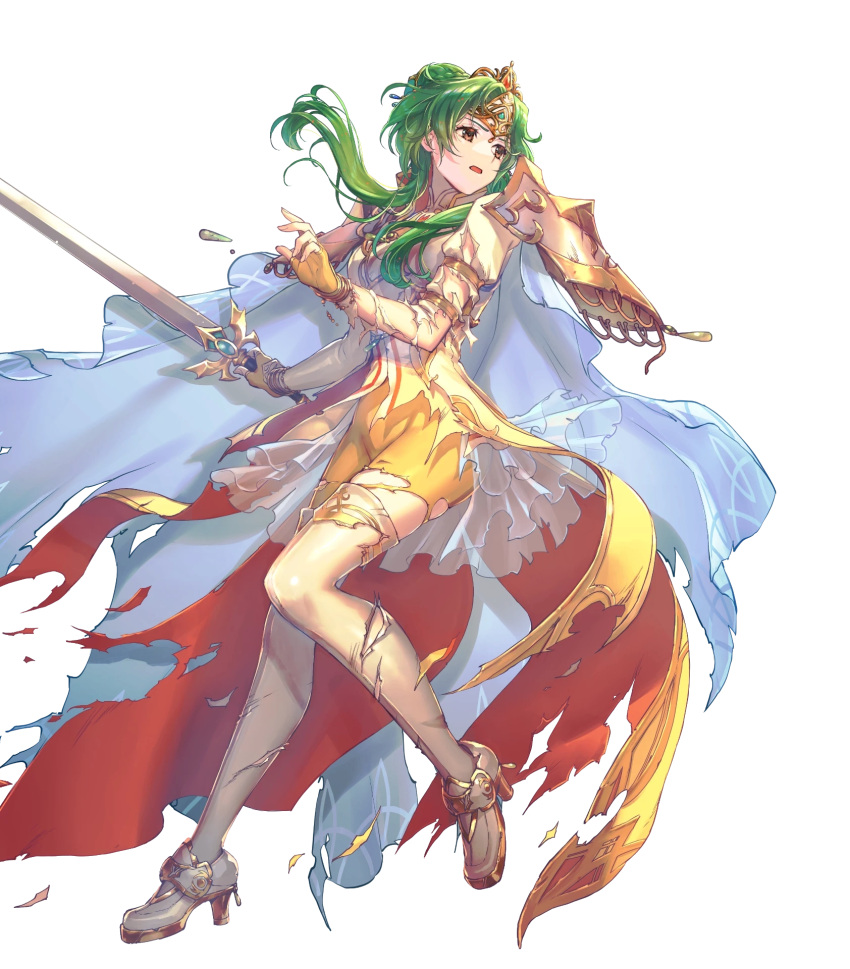 1girl armor boots breastplate broken_armor brown_eyes cape elincia_ridell_crimea fingerless_gloves fire_emblem fire_emblem:_radiant_dawn fire_emblem_heroes fujikawa_arika full_body gloves gold_trim grey_hair hair_bun high_heel_boots high_heels highres holding holding_sword holding_weapon jewelry long_hair non-web_source official_art open_mouth overskirt pants puffy_sleeves see-through shoulder_armor sidelocks single_hair_bun solo sword thigh_boots tiara torn_cape torn_clothes torn_footwear torn_pants torn_sleeves transparent_background weapon