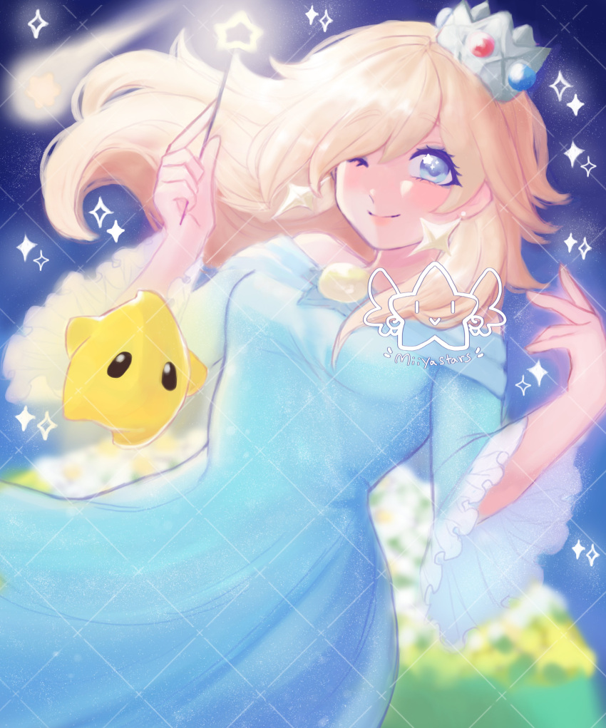 1girl ;) absurdres bare_shoulders blonde_hair blue_dress blue_eyes brooch closed_mouth crown dress earrings eyelashes hair_over_one_eye highres holding holding_wand jewelry long_sleeves looking_at_viewer luma_(mario) miiyastars off-shoulder_dress off_shoulder one_eye_closed rosalina shooting_star smile star_(symbol) star_brooch star_earrings super_mario_bros. super_mario_galaxy wand wide_sleeves