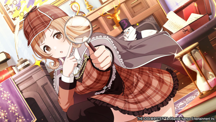 1girl :o absurdres alternate_hairstyle bird blouse blush brown_dress brown_eyes brown_hair brown_headwear brown_thighhighs coat collar collared_shirt commentary_request deerstalker detective dress dutch_angle foreshortening frilled_collar frills game_cg hand_on_own_chin hat highres holding holding_magnifying_glass hourglass idolmaster idolmaster_shiny_colors imassc_official kneeling light_brown_hair looking_at_viewer magnifying_glass medium_hair official_art open_clothes open_coat parted_lips plaid sakuragi_mano shirt solo sparkle stroking_own_chin thigh-highs v-shaped_eyebrows