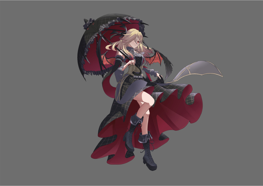 1girl absurdres artist_request bare_shoulders bat_wings black_dress blonde_hair boots clothes_lift collarbone detached_sleeves dress dress_lift duel_monster full_body gradient_hair hair_between_eyes highres holding holding_umbrella long_hair multicolored_hair red_eyes redhead solo umbrella vampire vampire_fraulein wings yu-gi-oh!
