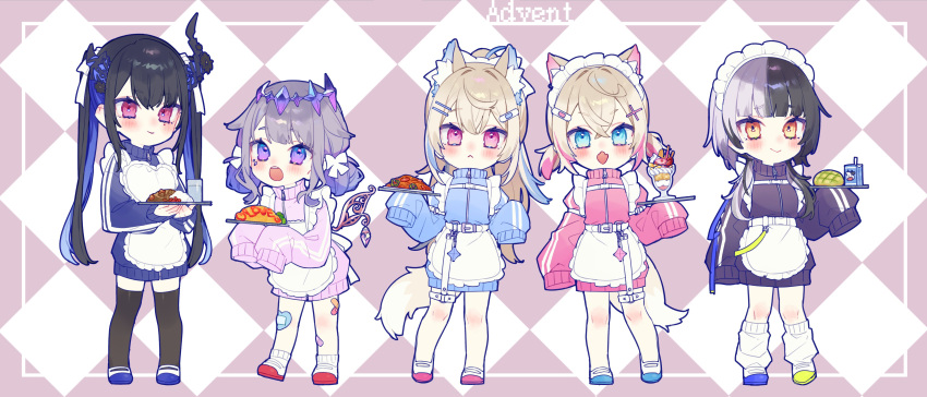 5girls :&lt; :d :o absurdres alternate_costume alternate_hairstyle animal_ear_fluff animal_ears apron argyle argyle_background asymmetrical_footwear asymmetrical_hair asymmetrical_horns back_bow bandaid bandaid_hair_ornament bandaid_on_leg belt black_hair black_jacket blonde_hair blue_eyes blue_footwear blue_hair blue_jacket blunt_bangs blush border bow bread carton chest_belt chibi chiyomaru_(yumichiyo0606) closed_mouth colored_inner_animal_ears colored_inner_hair crown demon_horns dog_ears dog_girl double_bun drinking_straw food frilled_apron frills full_body fuwawa_abyssgard gem_hair_ornament gradient_hair grey_hair hair_between_eyes hair_bow hair_bun hair_ornament hairclip high_collar highres holding holding_plate holding_tray holoadvent hololive hololive_english horns jacket jersey_maid jewel_under_eye koseki_bijou long_hair long_sleeves looking_at_viewer loose_socks low_twintails maid maid_headdress melon_bread milk milk_carton mismatched_footwear mococo_abyssgard mole mole_under_eye multicolored_hair multiple_girls nerissa_ravencroft omelet omurice open_mouth orange_eyes outside_border parfait pink_eyes pink_footwear pink_hair pink_jacket plate ponytail purple_background purple_hair red_eyes red_footwear shiori_novella shoes siblings sidelocks sisters sleeves_past_fingers sleeves_past_wrists smile socks split-color_hair standing tail teeth thigh-highs thigh_belt thigh_strap tiara track_jacket tray turtleneck turtleneck_jacket twins twintails two-tone_hair two_side_up unconventional_maid uneven_horns upper_teeth_only very_long_hair violet_eyes virtual_youtuber waist_apron white_apron white_belt white_border white_bow white_socks x_hair_ornament yellow_footwear zipper_pull_tab