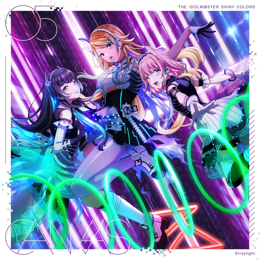 3girls absurdres album_cover black_gloves black_hair blonde_hair brown_hair commentary_request cover dark_skin dutch_angle gloves high_heels highres idolmaster idolmaster_shiny_colors izumi_mei kneehighs long_hair looking_at_viewer mayuzumi_fuyuko multiple_girls official_art open_mouth pink_hair platform_footwear serizawa_asahi short_hair single_kneehigh single_sock single_thighhigh socks straylight_(idolmaster) thigh-highs tongue tongue_out white_gloves