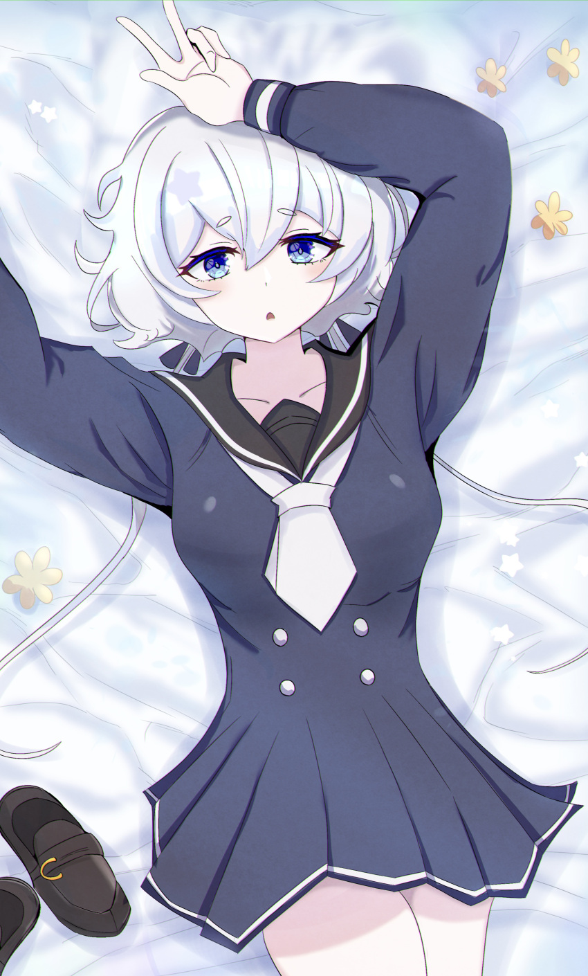 1girl absurdres arms_up bed_sheet black_sailor_collar blue_dress blue_eyes dress english_commentary flower highres konno_junko loafers looking_at_viewer low_twintails lying namo_pic necktie on_back sailor_collar shoes solo twintails white_hair white_necktie zombie_land_saga