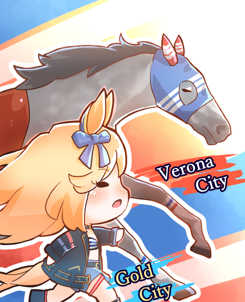 1girl animal animal_ears blonde_hair blue_bow bow character_name chibi choker chokueji cutoffs denim denim_shorts ear_bow ear_ornament english_text gold_city_(umamusume) highres horse horse_ears horse_girl horse_tail jacket long_hair mask midriff mixed-language_commentary open_clothes open_jacket open_mouth running shorts strapless tail thigh_strap tube_top umamusume