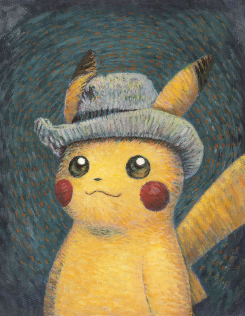 absurdres blue_background dutch_commentary english_commentary fine_art_parody green_background grey_headwear hat highres kimura_naoyo looking_at_viewer mixed-language_commentary no_humans official_art painting_(medium) parody pikachu pokemon pokemon_(creature) portrait self-portrait_with_grey_felt_hat solo style_parody traditional_media vincent_van_gogh_(style)