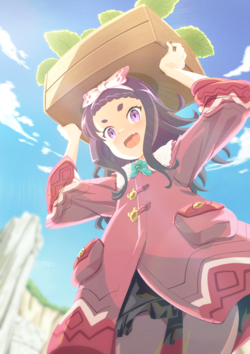 1girl :d arms_up blue_flower blue_sky blush bow box braid clouds coat collar commentary_request day fang farmer_(frederica) flower frederica_(game) from_below hair_bow hairband highres holding holding_box long_hair looking_at_viewer mukai open_mouth outdoors pocket purple_hair red_coat skin_fang sky smile solo violet_eyes white_bow white_collar white_hairband wooden_box