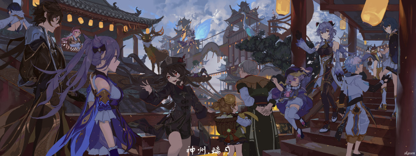 absurdres architecture bare_shoulders bell black_gloves black_hair black_headwear black_shorts blue_hair bodystocking breasts brown_hair chinese_clothes chinese_knot chinese_text chongyun_(genshin_impact) cloud_retainer_(genshin_impact) clouds cloudy_sky collared_coat cone_hair_bun cowbell detached_sleeves dress east_asian_architecture flower flower-shaped_pupils formal ganyu_(genshin_impact) genshin_impact gloves goat_horns green_hair grey_hair guizhong_(genshin_impact) hair_between_eyes hair_bun hair_ears hat hat_flower highres horns hu_tao_(genshin_impact) jacket jewelry keqing_(genshin_impact) lantern_festival leotard leotard_under_clothes long_hair long_sleeves low_ponytail madame_ping_(genshin_impact) medium_breasts moon_carver_(genshin_impact) multiple_rings open_mouth pillar pink_hair plum_blossoms ponytail porkpie_hat purple_dress purple_gloves purple_hair qiqi_(genshin_impact) red_eyes ring rooftop shenhe_(genshin_impact) shorts skavenprime sky skybracer_(genshin_impact) sleeves_past_fingers sleeves_past_wrists smile suit symbol-shaped_pupils twintails violet_eyes white_sleeves xiao_(genshin_impact) xingqiu_(genshin_impact) yanfei_(genshin_impact) yaoyao_(genshin_impact) yelan_(genshin_impact) zhongli_(genshin_impact)