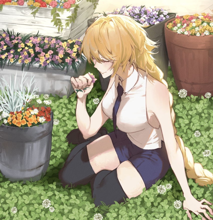 1girl arm_support bare_shoulders black_thighhighs blonde_hair braid closed_eyes closed_mouth clover collared_shirt commentary fate/apocrypha fate/grand_order fate_(series) field flower full_body hand_up highres holding holding_flower jeanne_d'arc_(fate) jeanne_d'arc_(girl_from_orleans)_(fate) leaf light_blush long_braid long_hair necktie orange_flower pink_flower plant potted_plant purple_flower purple_necktie purple_shorts red_flower shirt shorts single_braid sitting sleeveless sleeveless_shirt solo thigh-highs white_flower white_shirt yellow_flower zettai_ryouiki zuraa_(naunau_seijin)