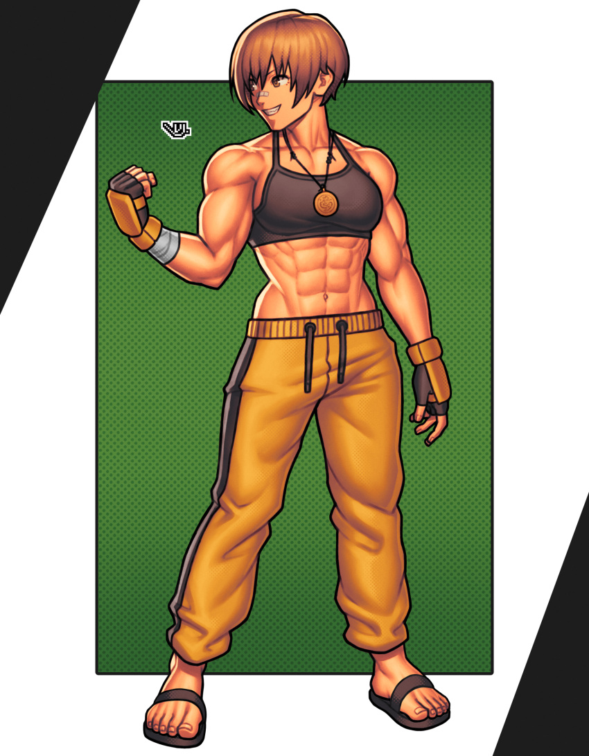 1girl abs bandage_on_face bandages brown_hair clenched_hand gloves highres jewelry looking_to_the_side muscular muscular_female necklace pants persona persona_4 satonaka_chie short_hair slippers solo sweatpants teeth toned vj99