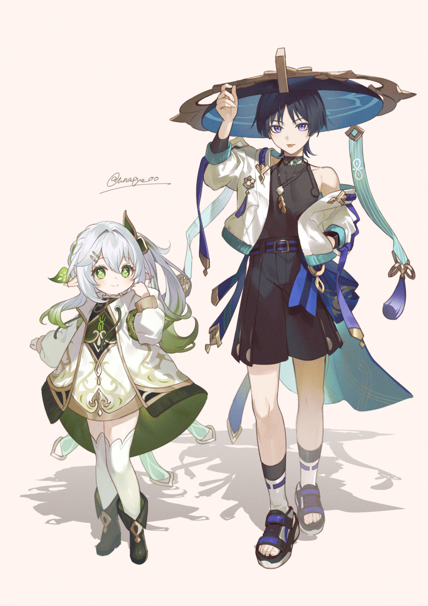 1boy 1girl absurdres black_hair boots dress full_body genshin_impact green_eyes green_hair grey_background hair_ornament hairclip hat highres jacket japanese_clothes jewelry jingasa long_hair long_sleeves looking_at_viewer nahida_(genshin_impact) necklace off_shoulder ponytail sandals scaramouche_(genshin_impact) shadow side_ponytail simple_background socks standing thigh-highs tongue tongue_out twitter_username unapoppo violet_eyes wanderer_(genshin_impact) white_dress white_hair white_thighhighs