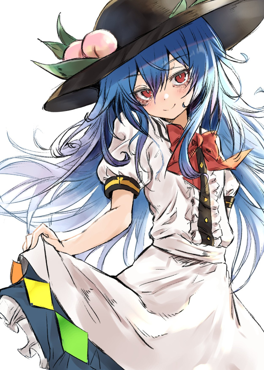 1girl black_headwear blue_hair blue_skirt blush buttons center_frills closed_mouth deal360acv frilled_skirt frills fruit_hat_ornament hair_between_eyes hat hat_ornament highres hinanawi_tenshi long_hair looking_at_viewer peach_hat_ornament rainbow_order red_eyes shirt short_sleeves simple_background skirt smile solo touhou white_background white_shirt