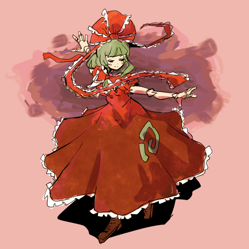 1girl arm_ribbon brown_background closed_eyes closed_mouth commentary dress english_commentary frilled_skirt frills front_ponytail full_body green_hair highres kagiyama_hina medium_hair oysterfried red_dress red_ribbon ribbon short_sleeves simple_background skirt smile solo touhou