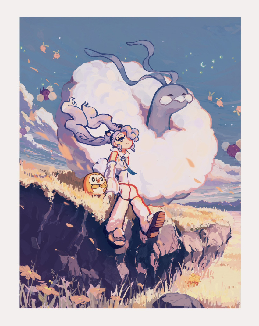 1girl altaria blue_hair blue_sky closed_eyes clouds detached_sleeves flying_miku_(project_voltage) gossifleur gradient_hair hair_over_one_eye hatsune_miku highres hoppip igafujino jumpluff landscape long_hair multicolored_hair pokemon pokemon_(creature) project_voltage rowlet see-through see-through_sleeves sitting sky smile twintails vocaloid wind_chime