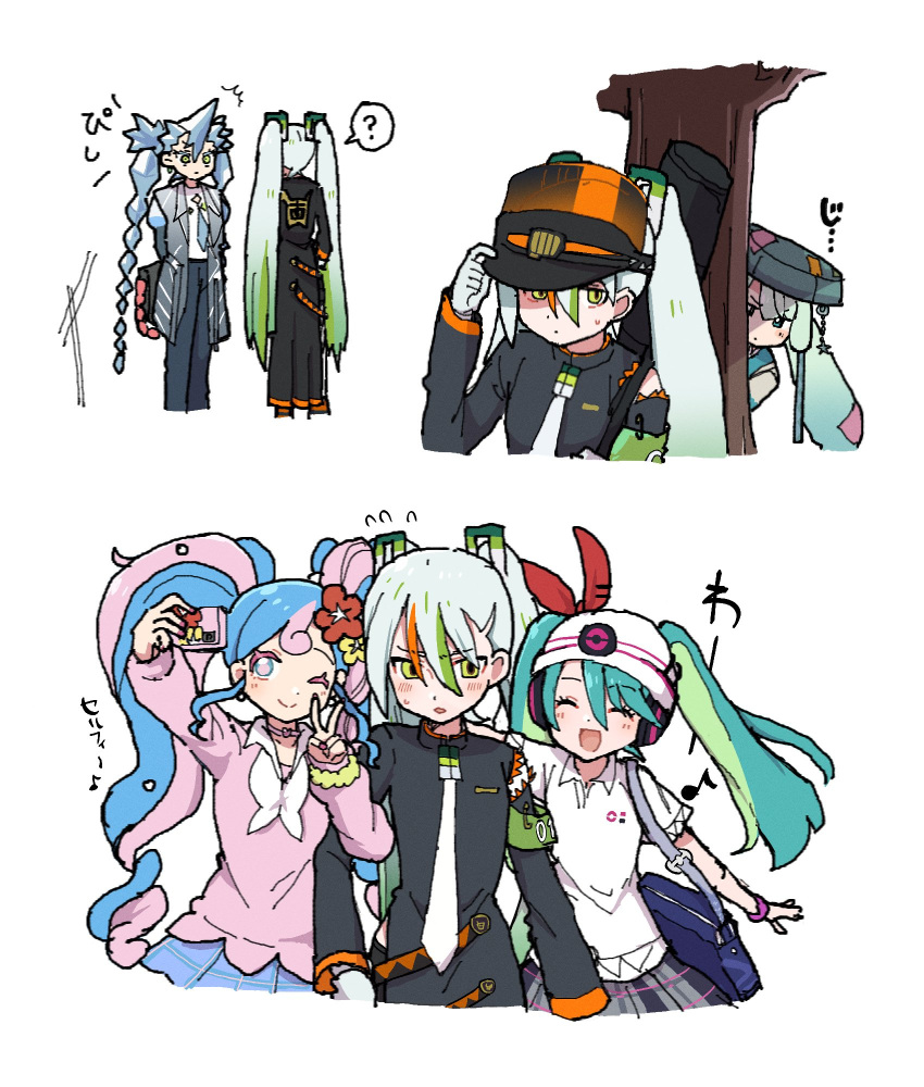 5girls ? ^^^ ^_^ armband arms_behind_back bag behind_tree black_coat blue_hair blue_necktie blush camera choker closed_eyes coat collage commentary_request cropped_legs cropped_torso fairy_miku_(project_voltage) fighting_miku_(project_voltage) flower flying_sweatdrops food-themed_hair_ornament furrowed_brow girl_sandwich gloves green_armband green_eyes green_hair grey_coat grey_gloves grey_hair hair_flower hair_ornament hair_through_headwear hand_on_headwear hatsune_miku headphones heart heart_choker highres holding holding_camera ice_hair ice_miku_(project_voltage) long_sleeves looking_at_viewer multicolored_hair multiple_girls multiple_persona musical_note neckerchief necktie open_clothes open_coat peeking_out pink_hair pink_sweater pokemon project_voltage psychic_miku_(project_voltage) red_flower ringlets sandogasa sandwiched selfie shirt short_sleeves shoulder_bag smile spoken_question_mark spring_onion_hair_ornament stalking standing_at_attention staring steel_miku_(project_voltage) streaked_hair sweatdrop sweater twintails v visor_cap vocaloid weapon_bag white_headwear white_neckerchief white_necktie white_shirt wotsumiki_(sakura-yuzu) yellow_flower