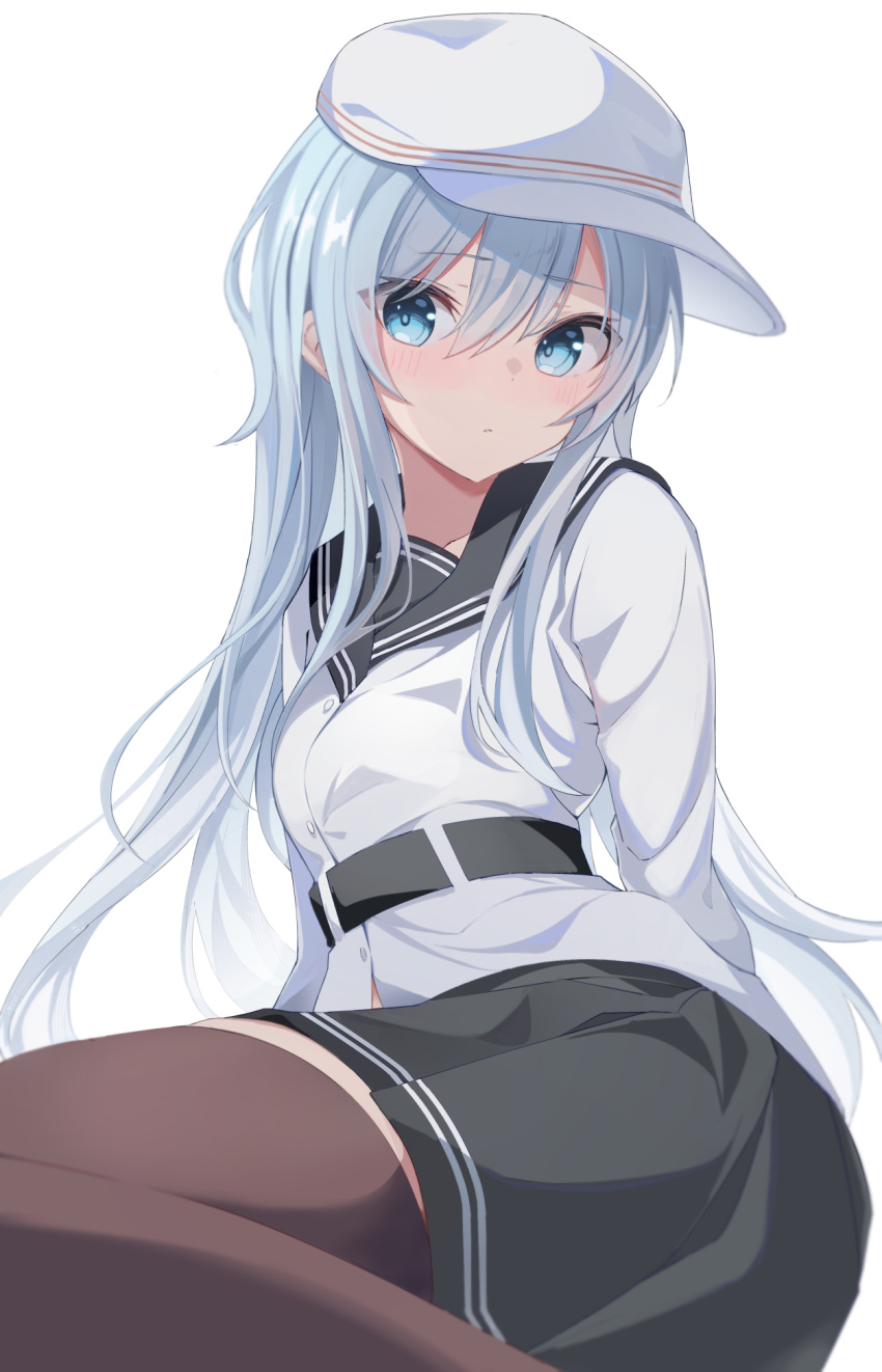 1girl black_sailor_collar black_skirt blue_eyes blush breasts brown_thighhighs buttons closed_mouth fathom grey_hair hair_between_eyes hat hibiki_(kancolle) highres kantai_collection long_hair long_sleeves looking_at_viewer pleated_skirt sailor_collar sailor_shirt shirt simple_background skirt small_breasts solo thigh-highs verniy_(kancolle) white_background white_headwear white_shirt