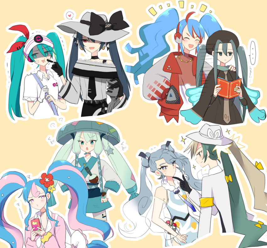 ... 6+girls :d absurdres ahoge black_choker blue_hair blush bow bug_miku_(project_voltage) cheek_poking choker closed_eyes closed_mouth commentary_request dark_miku_(project_voltage) earrings electric_miku_(project_voltage) fairy_miku_(project_voltage) fire_miku_(project_voltage) flower flying_miku_(project_voltage) gloves green_eyes green_hair grey_hair grey_headwear hair_flower hair_ornament hand_in_pocket hand_on_another's_shoulder hat hat_bow hatsune_miku heart highres holding holster jacket jewelry long_hair multicolored_hair multiple_girls ohn_pkmn open_clothes open_jacket open_mouth outline pink_hair pink_sweater poke_ball poke_ball_(basic) pokemon poking project_voltage psychic_miku_(project_voltage) red_eyes shirt single_glove smile sparkle spoken_ellipsis spoken_heart steel_miku_(project_voltage) sweater twintails two-tone_hair vocaloid white_gloves white_shirt yellow_background