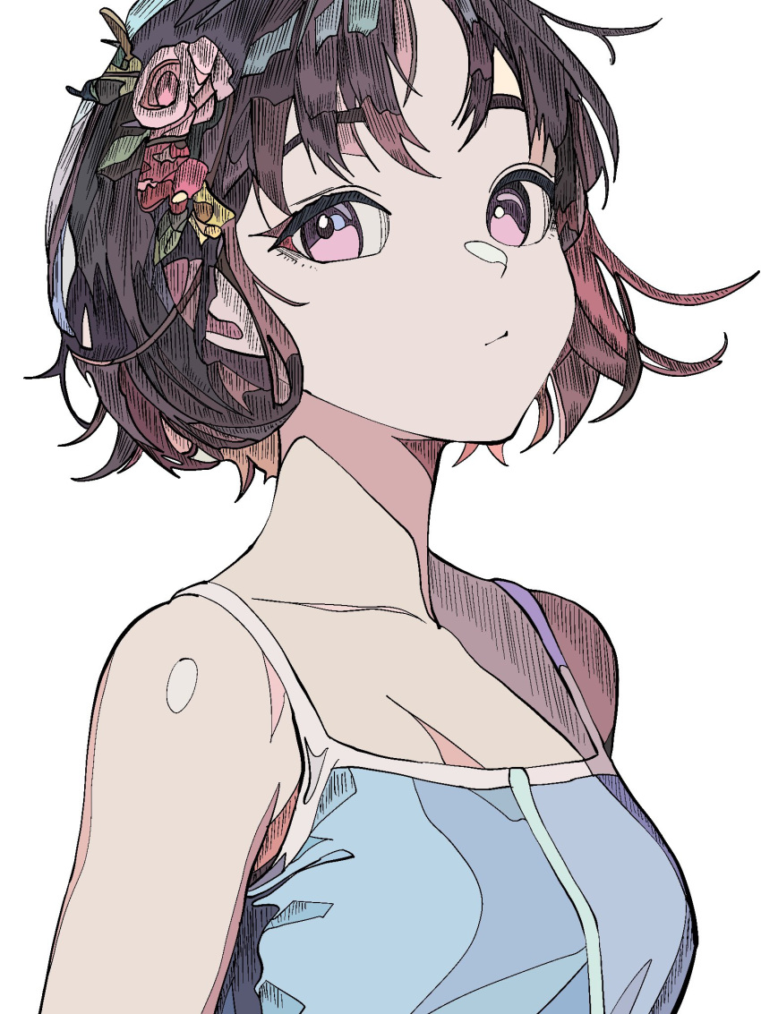 1girl bare_shoulders blue_shirt brown_hair flat_color flower from_side hair_flower hair_ornament haruxxxsanekaki highres looking_at_viewer messy_hair original shirt short_hair simple_background sleeveless sleeveless_shirt solo spaghetti_strap upper_body violet_eyes white_background