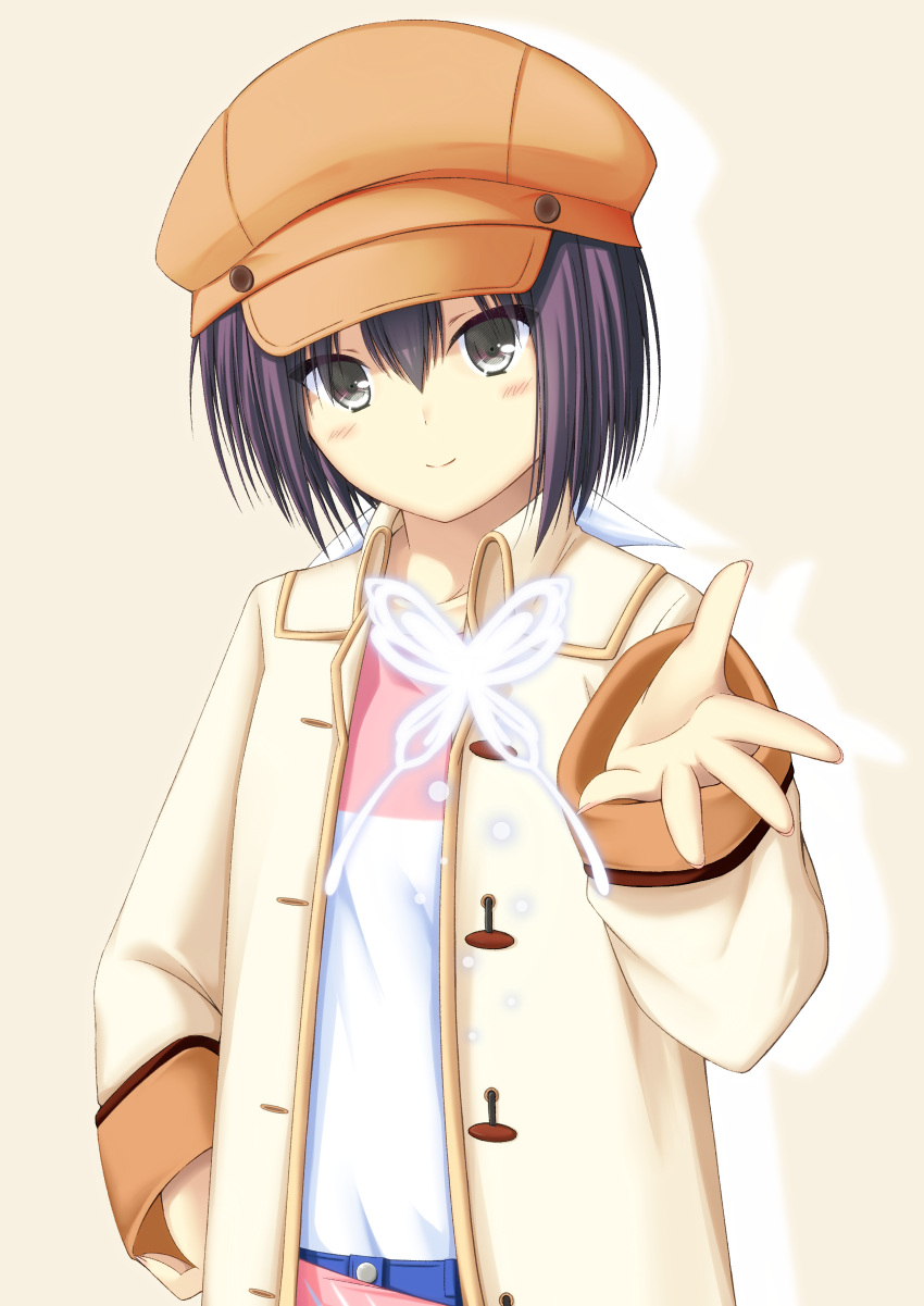 1girl absurdres arm_at_side asagi_nanami brown_headwear bug butterfly closed_mouth coat commentary_request drop_shadow eyes_visible_through_hair grey_eyes hair_between_eyes hand_up highres light_blush long_sleeves looking_at_viewer nanami_(summer_pockets) open_clothes open_coat open_hand purple_hair shirt short_hair simple_background smile solo straight_hair summer_pockets upper_body white_butterfly white_shirt yellow_background yellow_coat