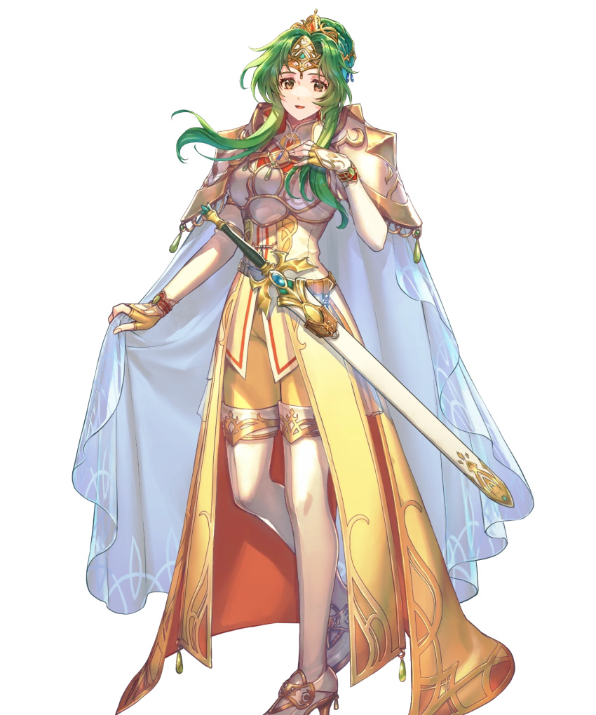 1girl armor belt boots breastplate brown_eyes cape elincia_ridell_crimea fingerless_gloves fingernails fire_emblem fire_emblem:_radiant_dawn fire_emblem_heroes fujikawa_arika full_body gloves gold_trim grey_hair hand_up high_heel_boots high_heels highres holding jewelry long_hair looking_at_viewer non-web_source official_art open_mouth overskirt pants sheath sheathed shoulder_armor sidelocks solo standing sword thigh_boots tiara transparent_background weapon