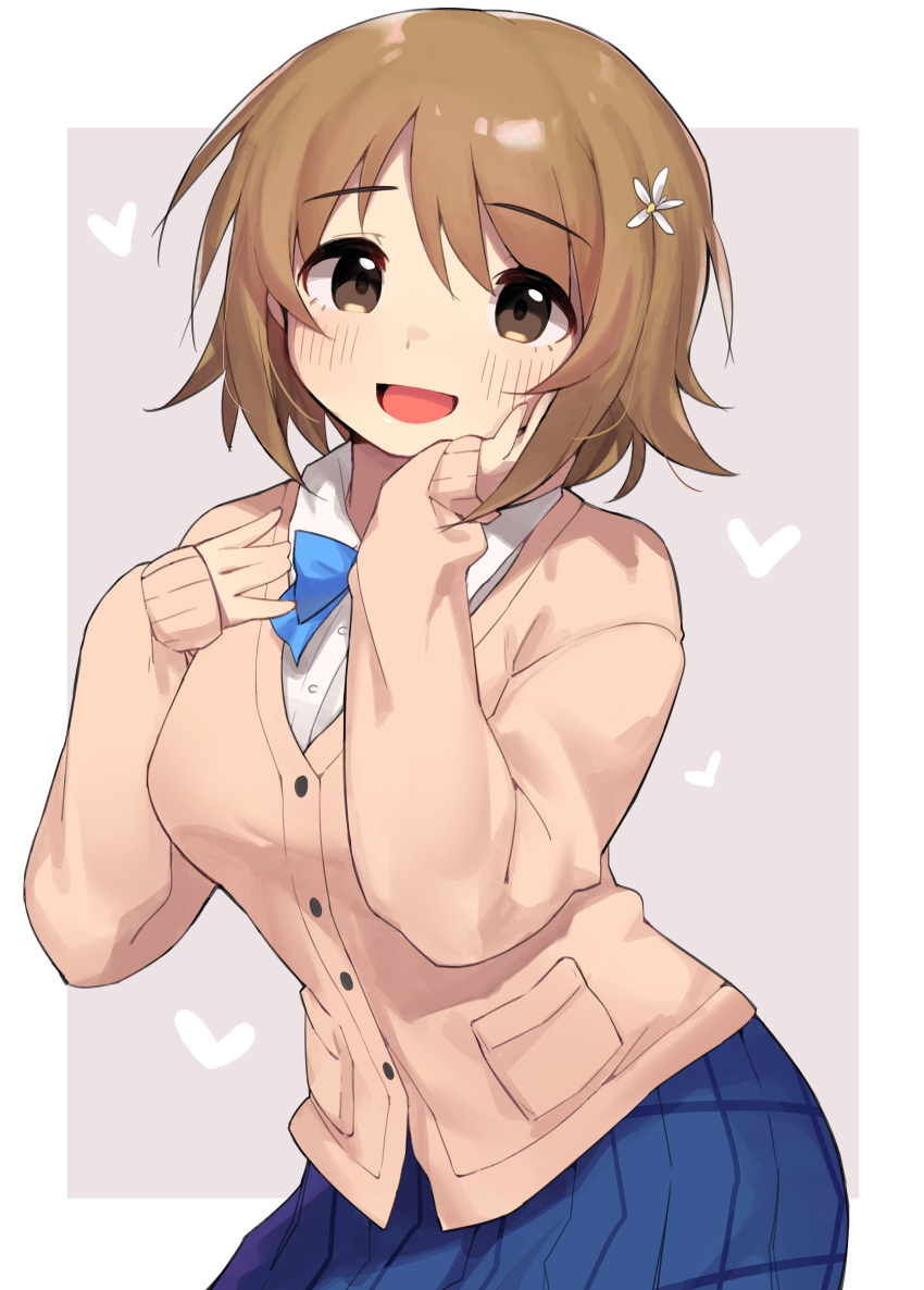 1girl absurdres blue_bow blue_bowtie blue_skirt blush border bow bowtie breasts brown_cardigan brown_eyes brown_hair cardigan dot_nose flower hair_flower hair_ornament hands_up heart heart_background highres idolmaster idolmaster_cinderella_girls idolmaster_cinderella_girls_starlight_stage large_breasts long_sleeves looking_at_viewer mg_pong mimura_kanako open_mouth outside_border pink_background pleated_skirt plump school_uniform shirt short_hair skirt sleeves_past_wrists smile solo upper_body white_border white_flower white_shirt