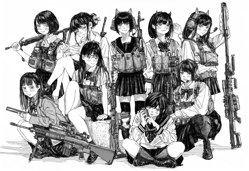 6+girls ak-47 anti-materiel_rifle assault_rifle barrett_m82 blush bow bowtie can closed_mouth collared_shirt commentary fake_horns fn_fnc galil_ace greyscale gun hair_ornament hairclip highres holding holding_can horns indian_style jacket kalashnikov_rifle kneehighs load_bearing_vest long_sleeves looking_at_viewer looking_up m110_sass m4_carbine medium_hair migrainxxl monochrome multiple_girls original rifle school_uniform serafuku shirt short_hair simple_background sitting skirt sniper_rifle socks squatting symbol-only_commentary tactical_clothes thigh-highs weapon weapon_on_back weapon_request