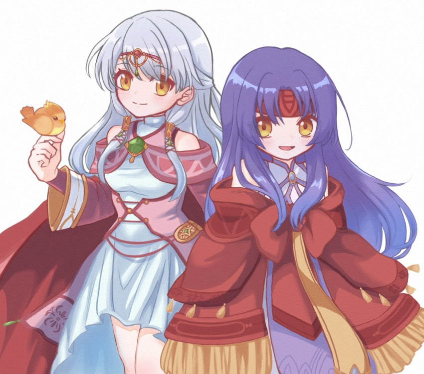 2girls bare_shoulders bird bird_on_hand cape closed_mouth dress fire_emblem fire_emblem:_radiant_dawn headband long_hair long_sleeves micaiah_(fire_emblem) multiple_girls open_mouth parted_bangs purple_hair red_headband rortyfe sanaki_kirsch_altina siblings sisters sleeves_past_fingers sleeves_past_wrists smile white_background white_hair yellow_eyes yune_(fire_emblem)