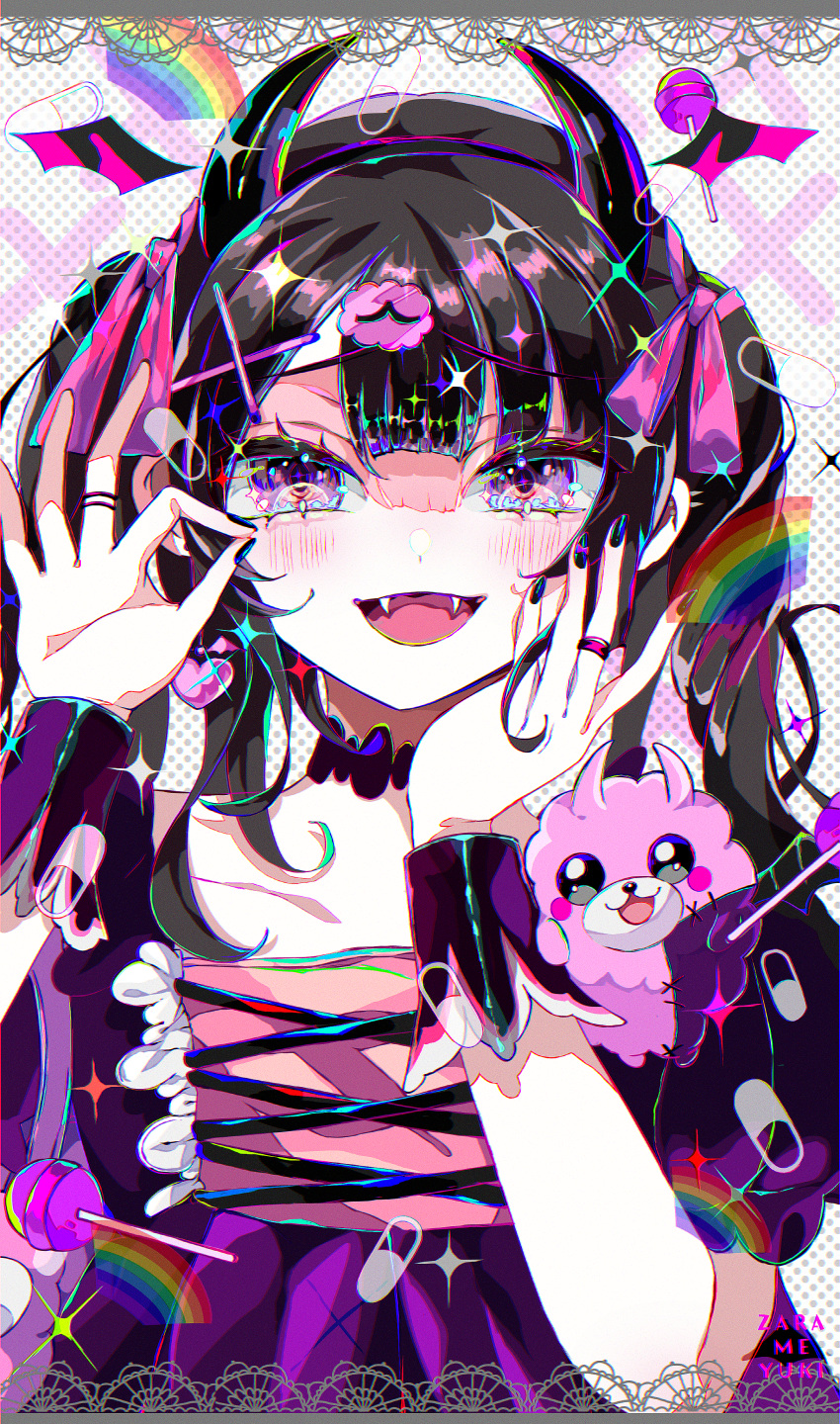 1girl :d absurdres arm_support artist_name black_choker black_hair black_horns black_nails blunt_bangs candy choker commentary_request demon_horns demon_wings denonbu dress earrings fangs food hair_ornament hair_ribbon hand_on_own_cheek hand_on_own_face hands_up head_rest heart heart_earrings highres horns jewelry lollipop long_hair looking_at_viewer nail_polish ok_sign open_mouth pill pomemori purple_dress rainbow reml ribbon ring smile solo sparkle twintails upper_body violet_eyes wings wrist_cuffs x_hair_ornament zarame_yuki