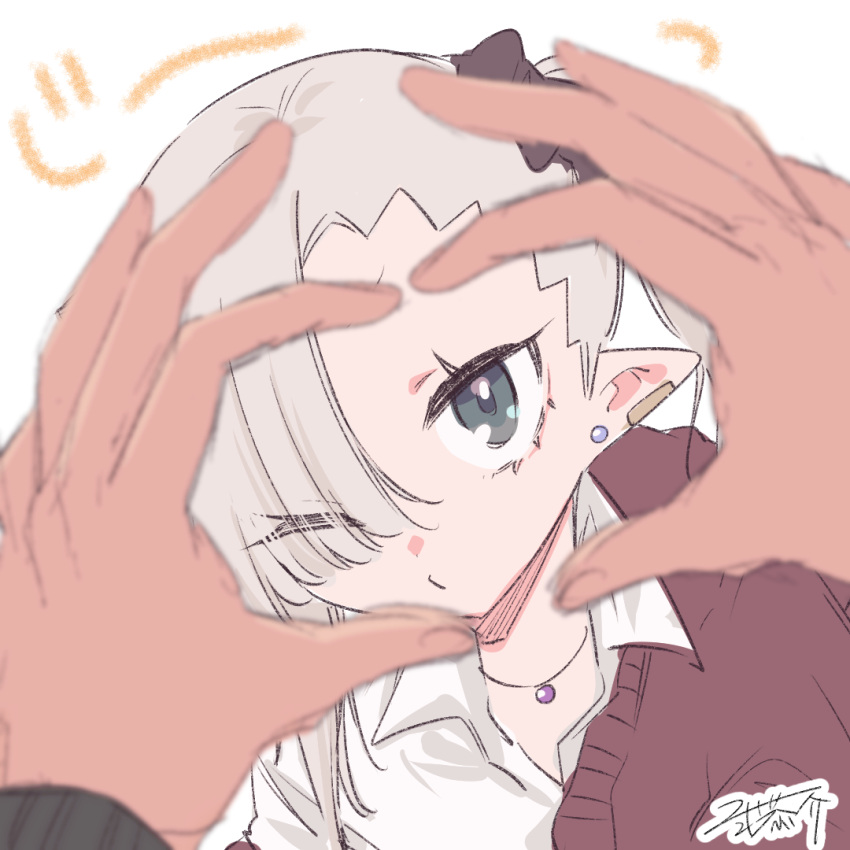 1girl 1other black_scrunchie breasts brown_cardigan cardigan collared_shirt dress_shirt ear_piercing earrings grey_eyes grey_hair hair_ornament hair_over_one_eye hair_scrunchie ishikawa_luna jewelry long_sleeves nikki_kyousuke original piercing pointy_ears scrunchie shirt side_ponytail signature simple_background small_breasts snoot_challenge stud_earrings upper_body white_background white_shirt