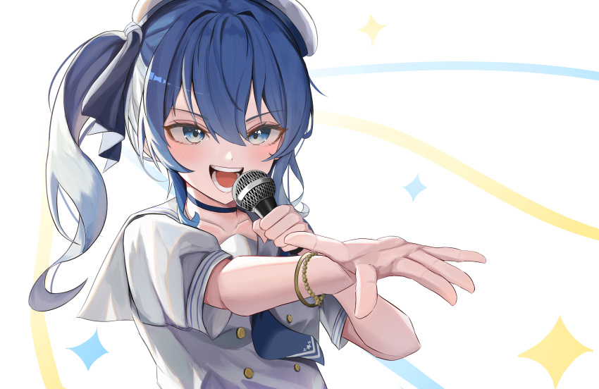 1girl absurdres beret black_choker blue_eyes blue_hair blue_necktie choker collarbone commentary hair_between_eyes hat highres hoangryu holding holding_microphone hololive hoshimachi_suisei microphone necktie open_mouth reaching reaching_towards_viewer sailor_collar shirt short_sleeves side_ponytail simple_background smile solo star_(symbol) star_in_eye symbol_in_eye teeth virtual_youtuber white_background white_headwear white_sailor_collar white_shirt