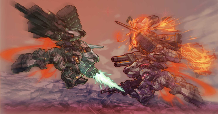 621_(armored_core_6) armored_core armored_core_6 battle clenched_hands duel fighting fighting_stance glowing glowing_eye glowing_eyes gun highres holding holding_gun holding_weapon mecha nightfall_(armored_core_6) no_humans pile_bunker robot uungunover weapon