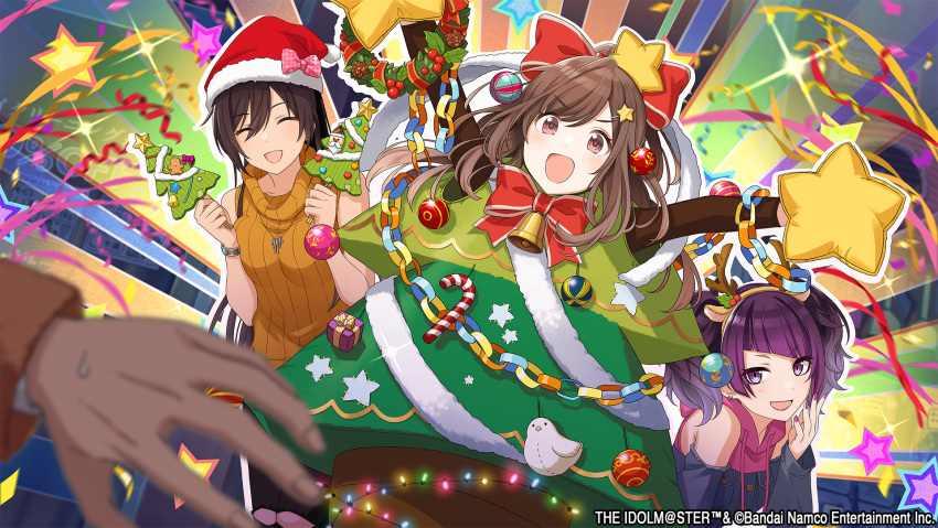 3girls :d \o/ ^_^ animal_ears antlers arms_up bare_shoulders bell black_pants blunt_bangs bow bowtie brown_eyes brown_hair candy christmas christmas_lights christmas_ornaments christmas_tree christmas_tree_costume christmas_wreath closed_eyes clothing_cutout commentary_request confetti covering_mouth deer_ears diagonal_bangs emphasis_lines food game_cg garland_(decoration) hair_bow hand_over_own_mouth hat highres holding hood hoodie idolmaster idolmaster_shiny_colors long_hair long_sleeves multiple_girls nail_polish neck_bell official_art open_mouth orange_sweater outstretched_arms pants ponytail purple_hair purple_nails red_bow red_bowtie reindeer_antlers ribbed_sweater santa_hat shirase_sakuya short_twintails shoulder_cutout sidelocks sleeveless smile sparkle star_(symbol) streamers sweater tanaka_mamimi tsukioka_kogane twintails v-shaped_eyebrows violet_eyes wreath