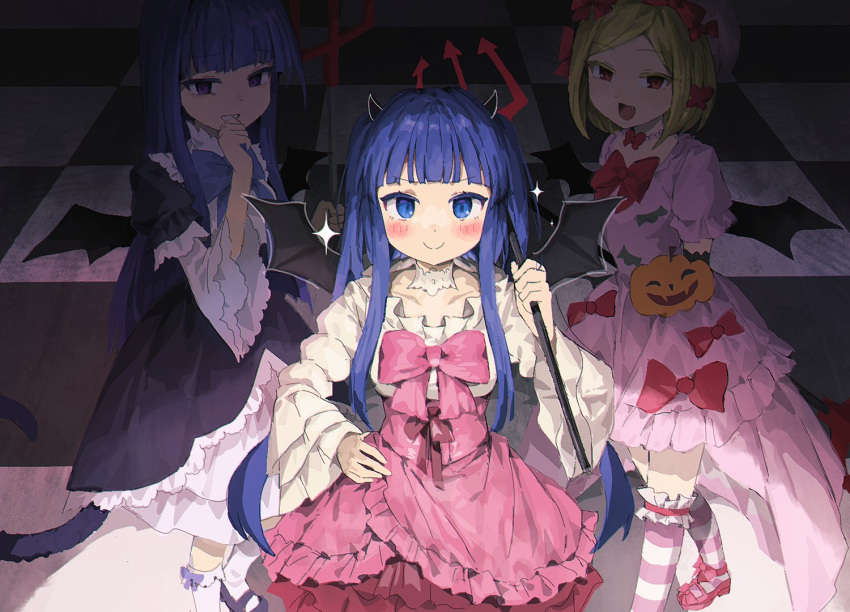 3girls beret black_dress black_footwear black_gloves black_tail blonde_hair blue_bow blue_eyes blue_hair blunt_bangs blush bow cat_tail checkered_floor dress dress_bow elbow_gloves fang frederica_bernkastel frilled_dress frilled_sleeves frills furudo_erika ghkdakrh1129 gloves grin hair_bow hand_on_own_hip hat hat_bow hime_cut holding jack-o'-lantern jewelry kneehighs lambdadelta layered_dress long_hair looking_at_viewer mary_janes multiple_girls necklace open_mouth pearl_necklace pink_bow pink_dress pink_footwear pink_headwear puffy_short_sleeves puffy_sleeves purple_hair red_bow red_eyes shoes short_hair short_sleeves sidelocks smile socks sparkle striped striped_socks tail twintails umineko_no_naku_koro_ni violet_eyes wide_sleeves