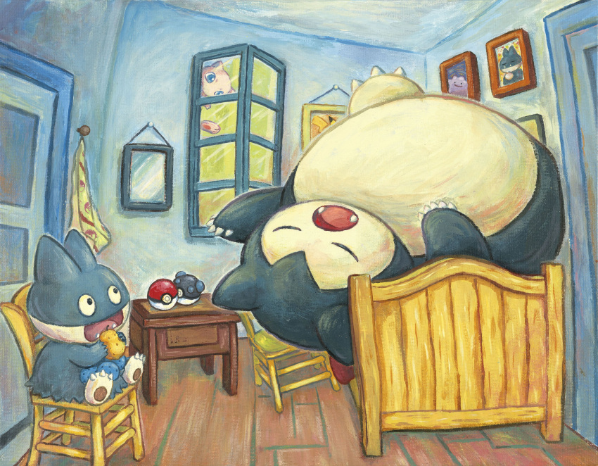 :o absurdres bed chair commentary ditto dutch_commentary eating english_commentary fine_art_parody highres indoors looking_at_another mew_(pokemon) mixed-language_commentary munchlax no_humans official_art painting_(medium) painting_(object) parody pikachu poke_ball poke_ball_(basic) pokemon pokemon_(creature) sitting sleeping snorlax sowsow the_bedroom_(van_gogh) traditional_media window