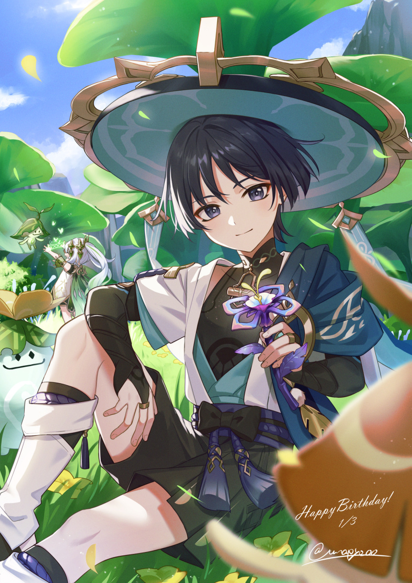 1boy 1girl aranara_(genshin_impact) armor black_hair closed_mouth clouds dated day dress eyeshadow feet_out_of_frame flower genshin_impact grass hair_ornament happy_birthday hat highres holding holding_flower japanese_armor japanese_clothes jingasa knee_up kote kurokote long_hair looking_at_viewer makeup nahida_(genshin_impact) open_mouth outdoors ponytail red_eyeshadow scaramouche_(genshin_impact) side_ponytail sitting sky solo_focus tassel twitter_username unapoppo violet_eyes wanderer_(genshin_impact) yellow_flower