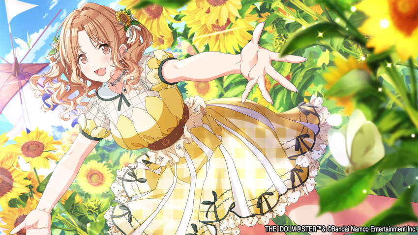 :d brown_eyes brown_hair choker commentary_request dress dutch_angle flower flower_choker highres ichikawa_hinana idolmaster idolmaster_shiny_colors long_hair looking_at_viewer official_art open_mouth outstretched_arms puffy_short_sleeves puffy_sleeves see-through see-through_sleeves short_dress short_sleeves smile spread_arms sunflower yellow_dress