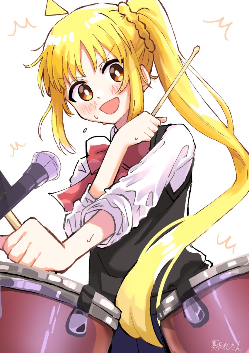 1girl ahoge artist_name blonde_hair blush bocchi_the_rock! bow bowtie bright_pupils collared_shirt cowboy_shot detached_ahoge drum drum_set highres ijichi_nijika instrument long_hair long_sleeves looking_at_viewer microphone music natsuzakaremon open_mouth playing_instrument red_bow red_bowtie red_eyes school_uniform shimokitazawa_high_school_uniform shirt side_ponytail sidelocks simple_background smile solo standing sweat v-shaped_eyebrows very_long_hair white_background white_pupils white_shirt