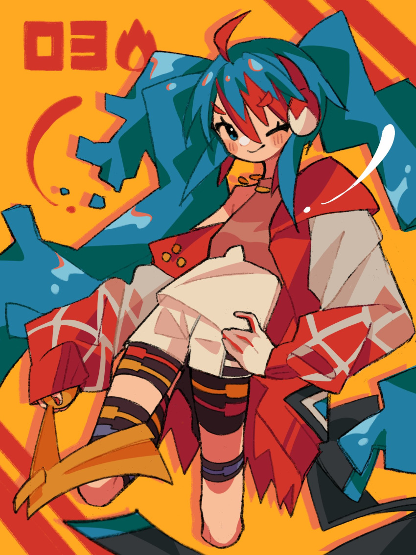 1girl aqua_hair blue_eyes blush commentary edge_0605 fire_miku_(project_voltage) hand_on_own_hip hatsune_miku headphones highres holding jacket long_hair looking_at_viewer multicolored_hair nail_polish off_shoulder one_eye_closed open_clothes open_jacket pokemon project_voltage red_nails redhead shorts simple_background smile solo symbol-only_commentary twintails very_long_hair vocaloid