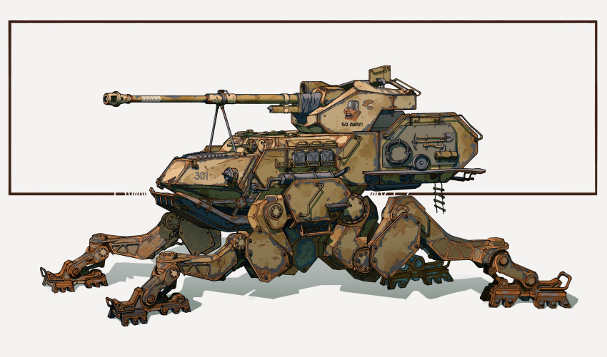 absurdres bedroll cannon cat combat_helmet english_text helmet highres ivan_yakushev jerry_can mecha no_humans original periscope robot science_fiction shadow stahlhelm vehicle_focus white_background